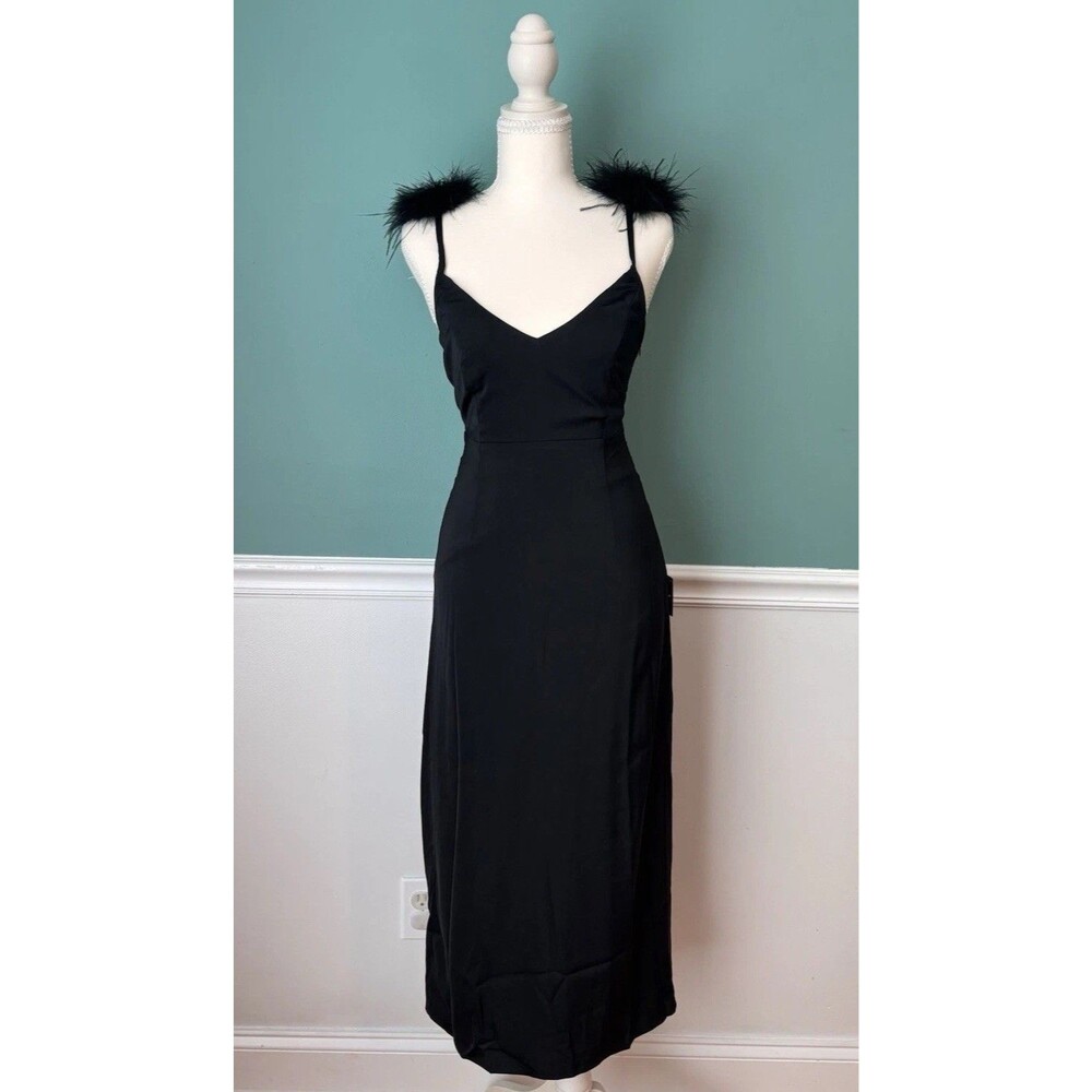 NWT Lulus Exquisite Invite Black Feather Trim Backless Midi Dress - Size XS
